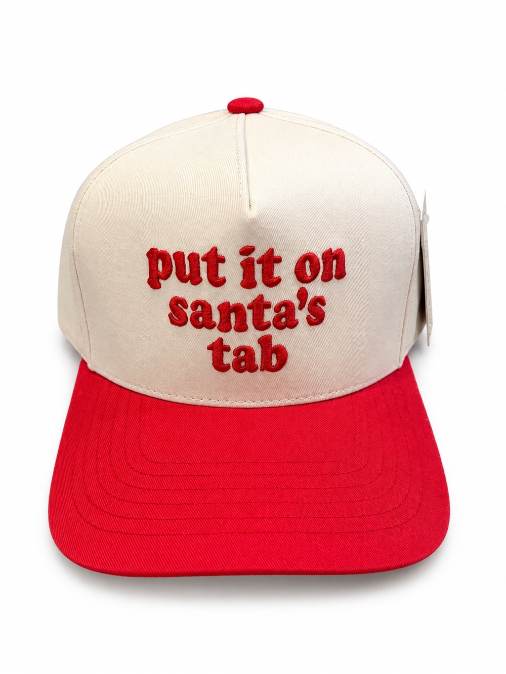 C.C Put It on Santa’s Tab Christmas Snapback Trucker Hat Cream Red NWT